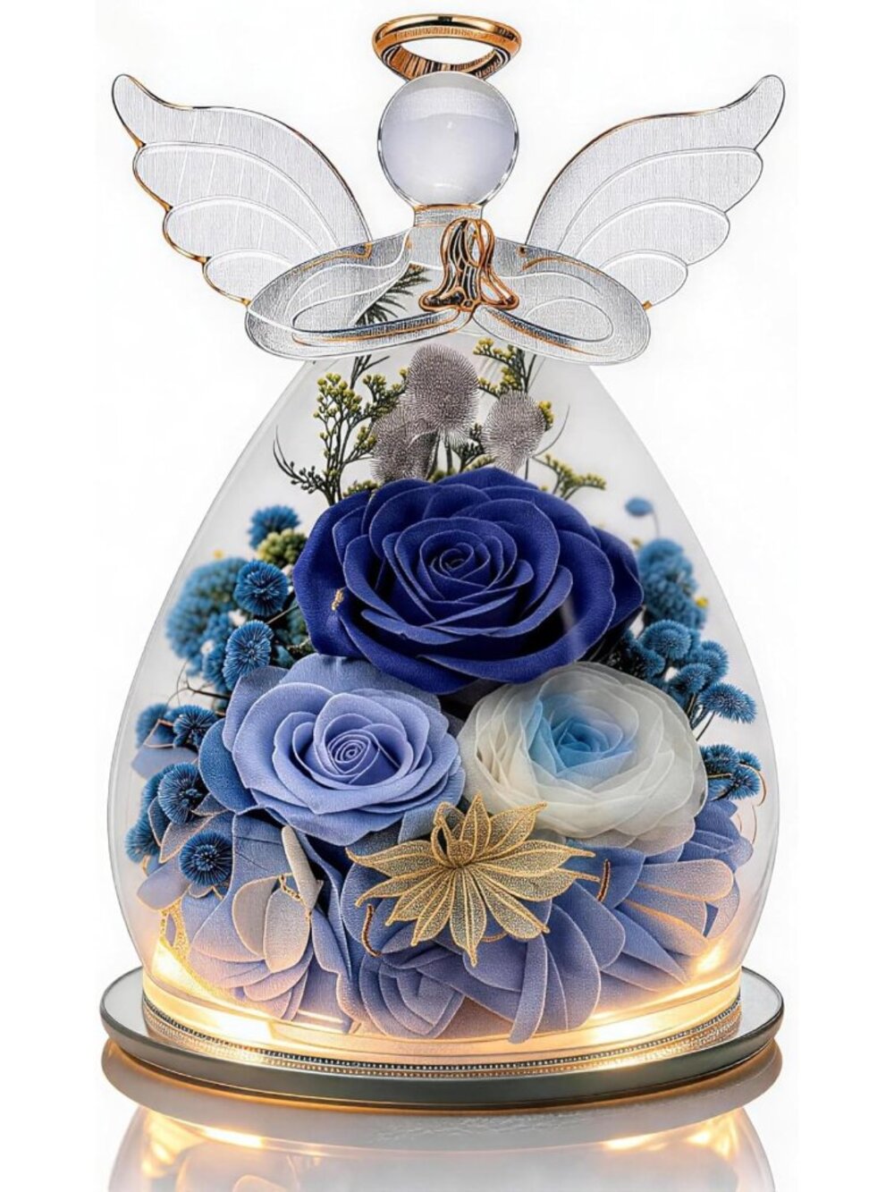 Preserved Rose in Glass Angel with LED Lights - Perfect Gift for Mom, Grandma